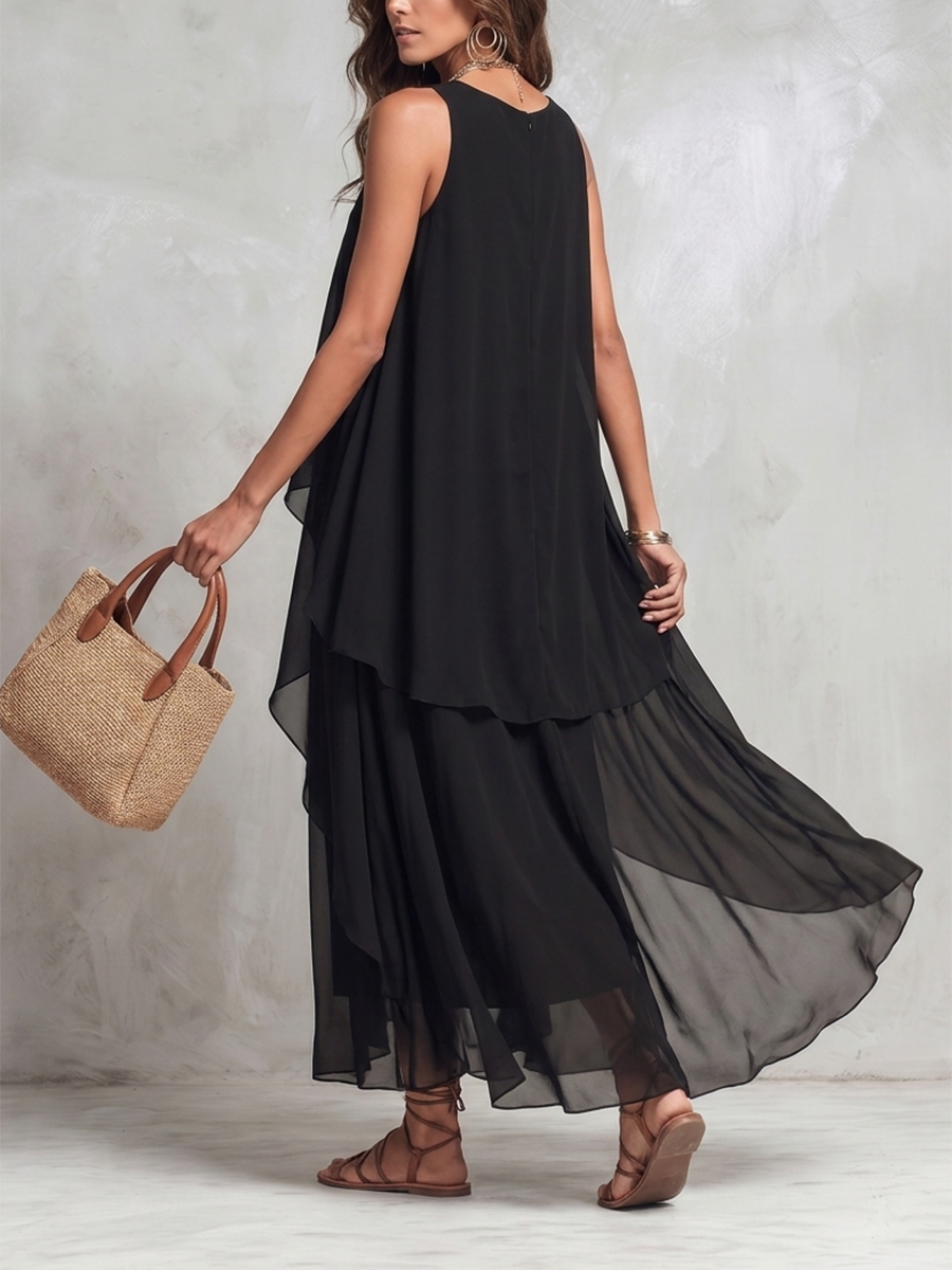 Solid Color Layered Sleeveless Loose Round-Neck Maxi Dresses