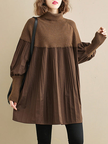 Knitting Pleats Split-Joint High-Neck Pullover Top