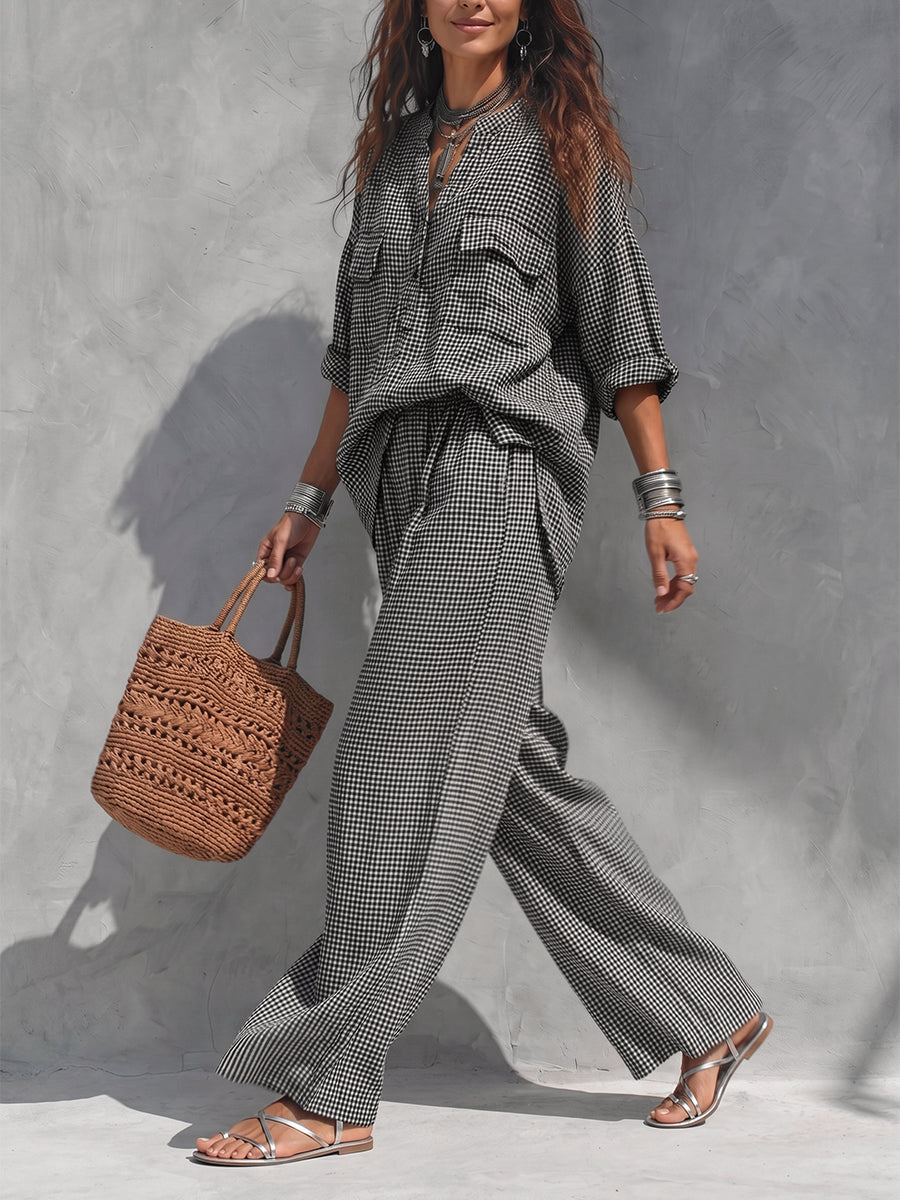 Pockets Plaid Elasticity Contrast Color Wide Leg Loose Trousers Pants