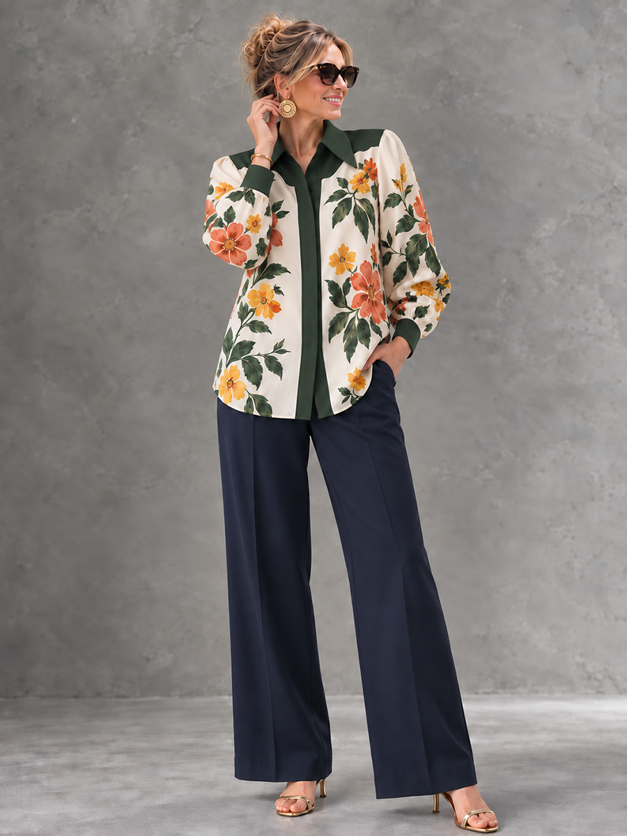 Split-Joint Flower Print Contrast Color Buttoned Long Sleeves Lapel Blouses&shirts Tops