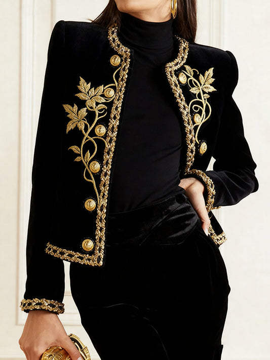 Long Sleeves Buttoned Embroidered Round-Neck Jackets Outerwear