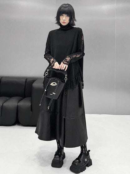 Hipster Long Sleeves See-Through Split-Joint High Neck T-Shirts Tops