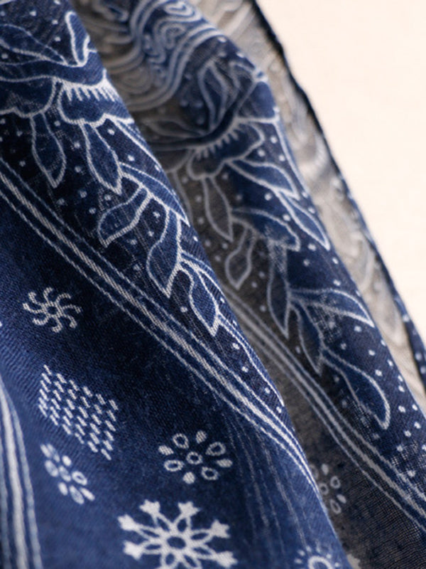 Printed Blue-And-White Sun-Protection Tasseled Shawl&Scarf