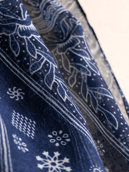 Printed Blue-And-White Sun-Protection Tasseled Shawl&Scarf