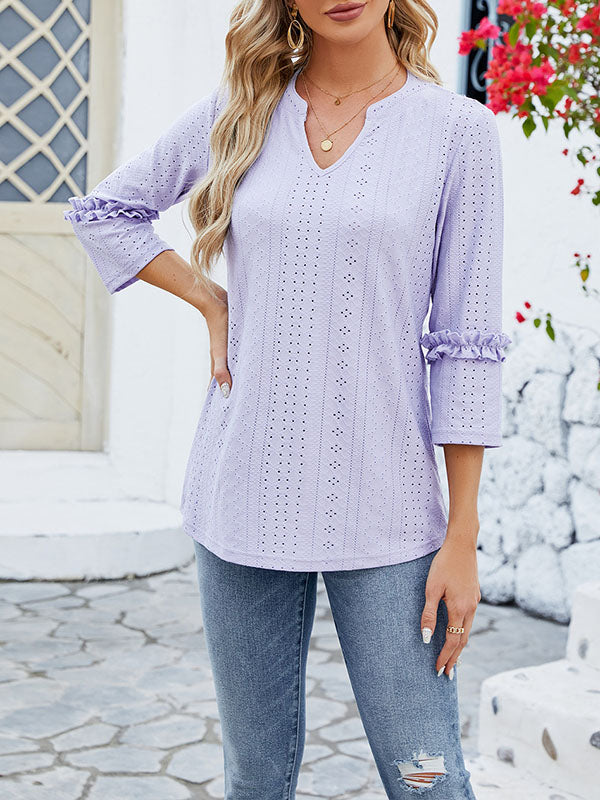 Loose Three-Quarter Sleeves Jacquard Solid Color V-Neck T-Shirts Tops