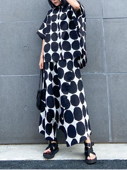 Batwing Sleeves Buttoned Polka-Dot Round-Neck Shirts Top + Elasticity Pockets Harem Pants Pants Bottom Two Pieces Set