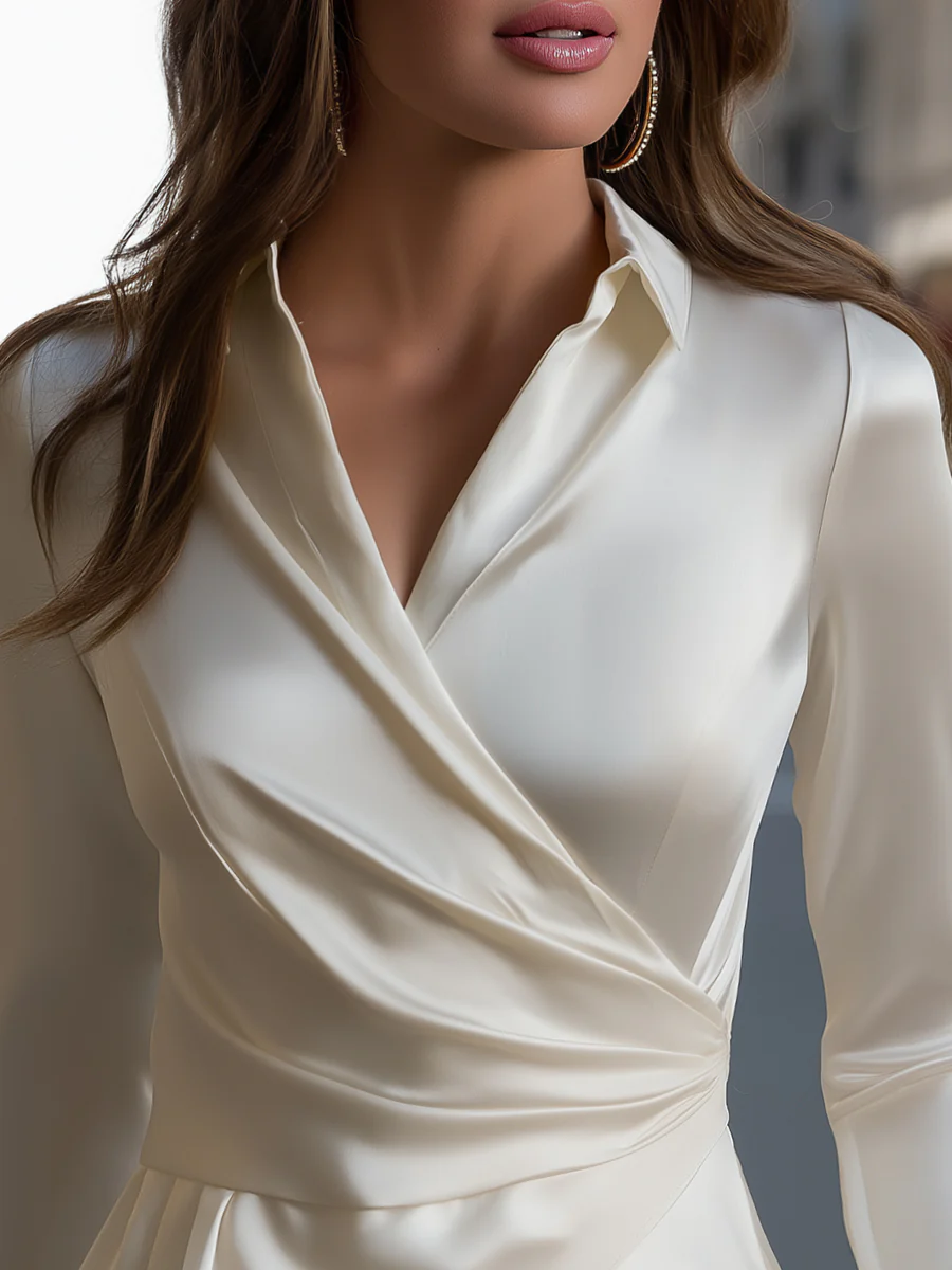 Long Sleeves Pleated Solid Color Split-Joint Lapel Blouses&Shirts Tops