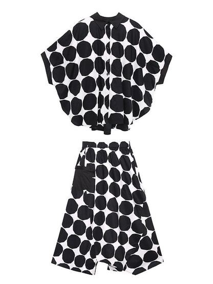 Batwing Sleeves Buttoned Polka-Dot Round-Neck Shirts Top + Elasticity Pockets Harem Pants Pants Bottom Two Pieces Set