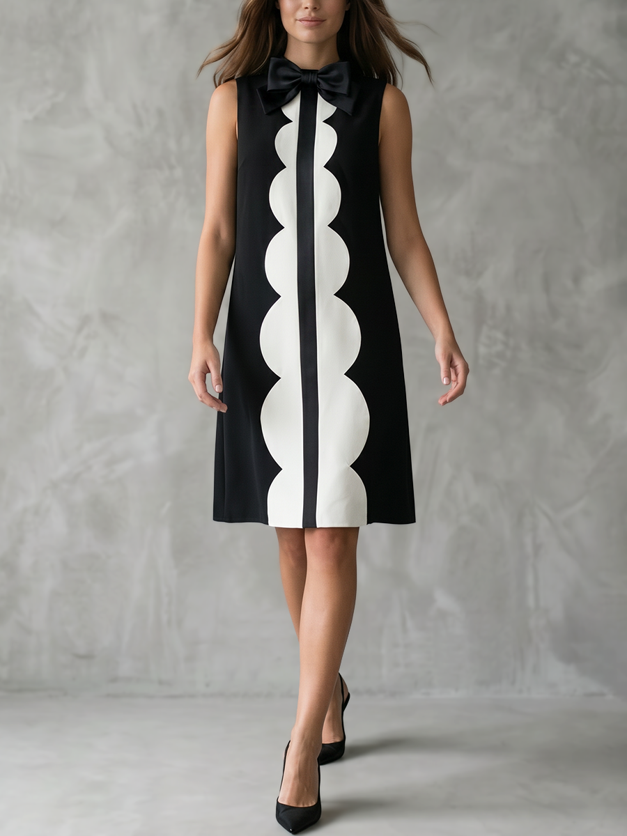A-Line Loose Bow-Embellished Contrast Color Printed Zipper Round-Neck Midi Dresses