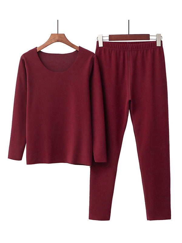 2PCS Plus Size Solid Color Round-Neck Top&Bottom Pajama Set