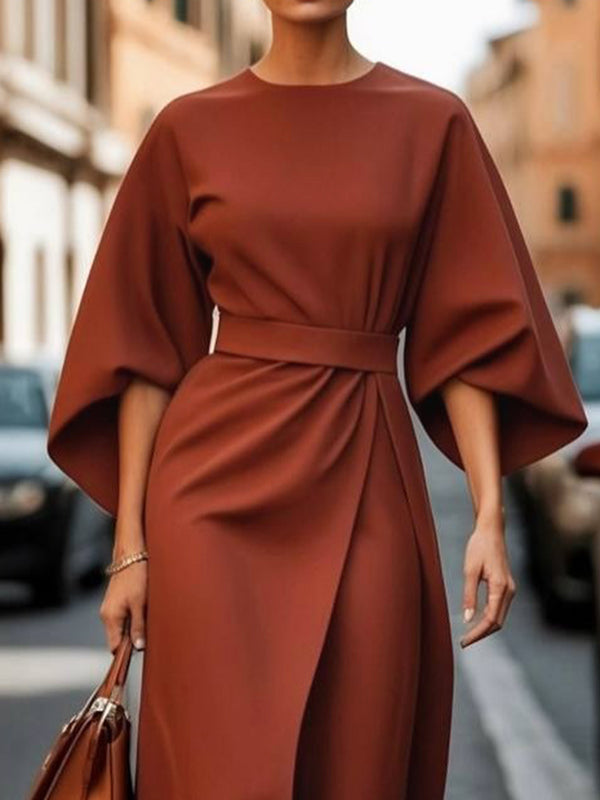 Loose Puff Sleeves Pleated Solid Color Split-Joint Round-Neck Midi Dresses BROWN