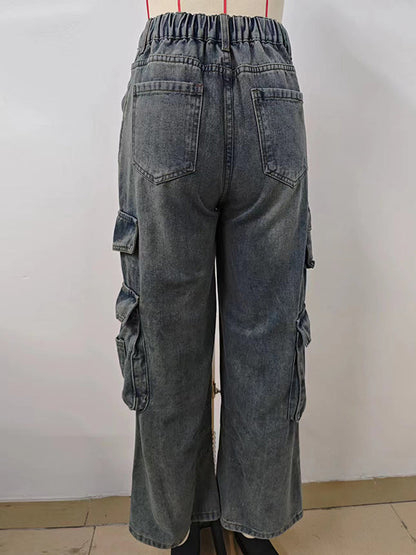 Loose Pleated Pockets Split-Joint Jean Pants Bottoms