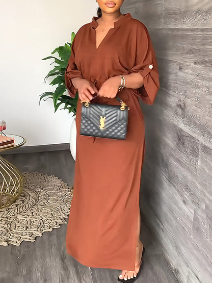 Robe longue ample à col en V et cordon de serrage, couleur unie 