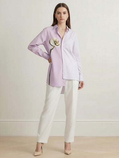 Irregularity Long Sleeves Asymmetric Buttoned Contrast Color Flower Print Split-Joint Striped Lapel Blouses&Shirts Tops