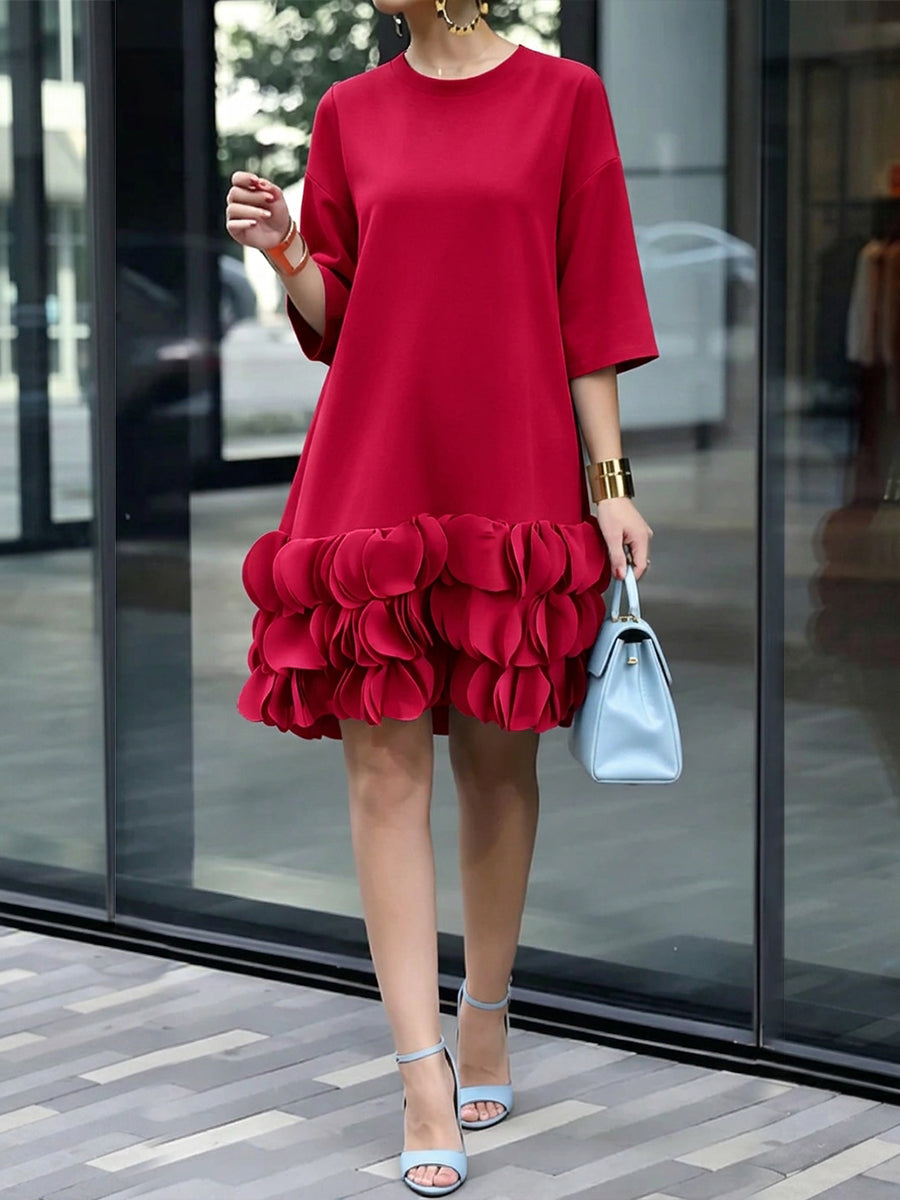 A-Line Loose Solid Color Split-Joint Three-Dimensional Flower Round-Neck Midi Dresses-1