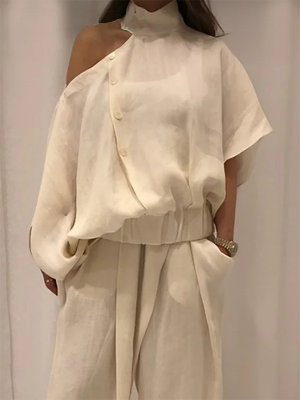 Irregularity Loose Hollow Solid Color Cold Shoulder Blouses&Shirts Tops