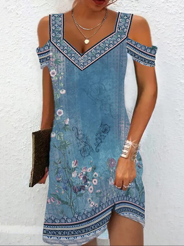 A-Linien-Minikleid mit hoher Taille und Blumendruck, ausgehöhlten, kalten Schultern 