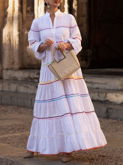 A-Line Long Sleeves Buttoned Contrast Color Elasticity Mock Neck Maxi Dresses