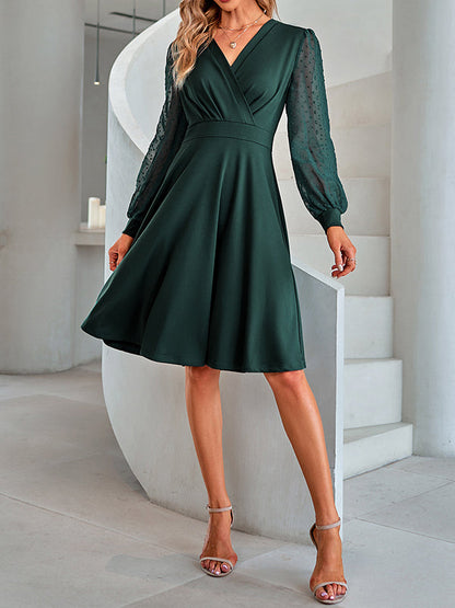 A-Line Long Sleeves Gauze Pleated Split-Joint V-Neck Midi Dresses