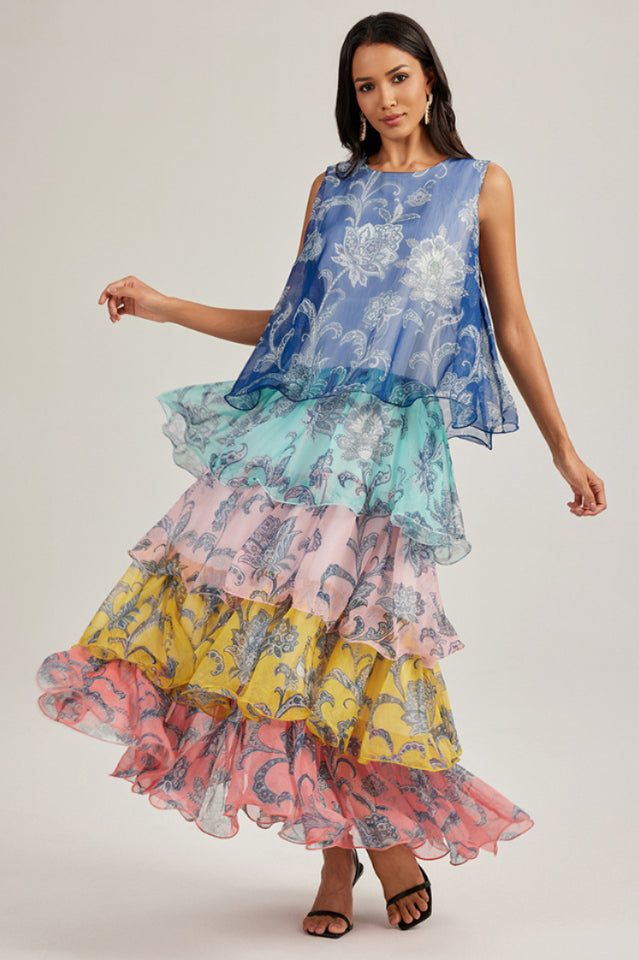 Cynthia Printed Tiered Ruffle Maxi Dress