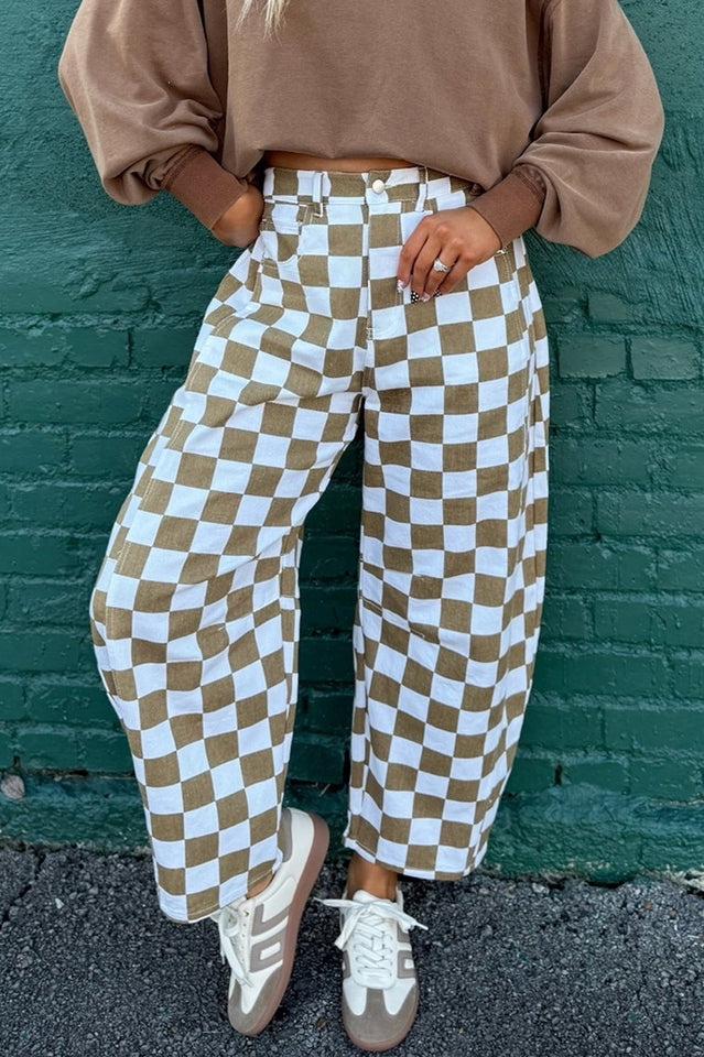 Mocha & White Checkered Barrel Leg Pants