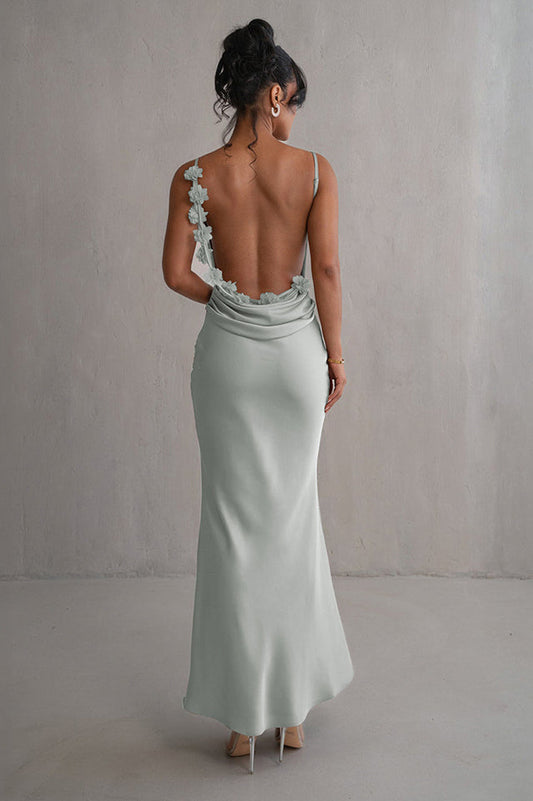 Ivory Floral Trims Satin Gown Mint