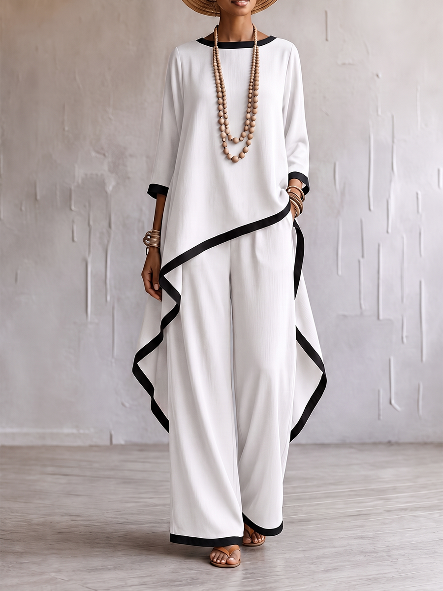 Loose Contrast Color Split-Joint Round-neck High-low Asymmetric Blouses&shirts Tops + Pockets Pants Trousers Two Pieces Set