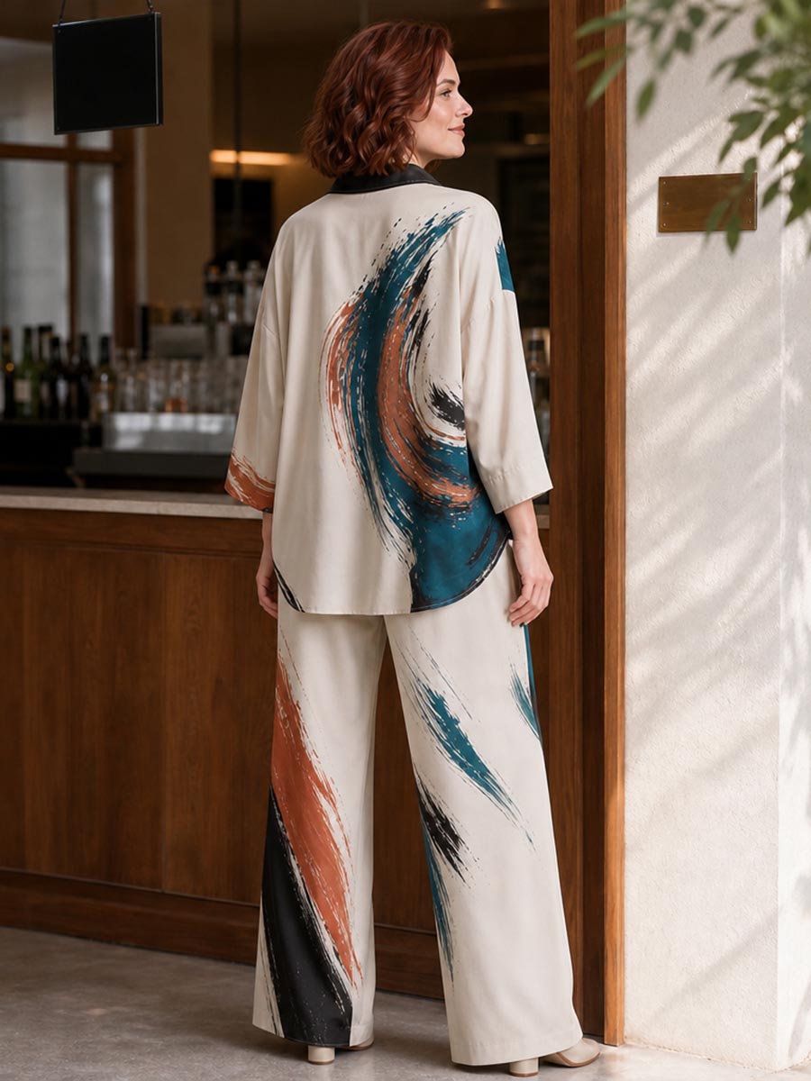 Contrast Color Buttoned Three-quarter Sleeves Loose Lapel Blouses&shirts Tops