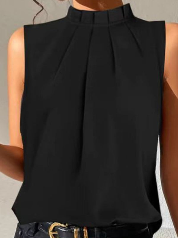 Haut sans manches ample plissé à col montant et à fentes de couleur unie 