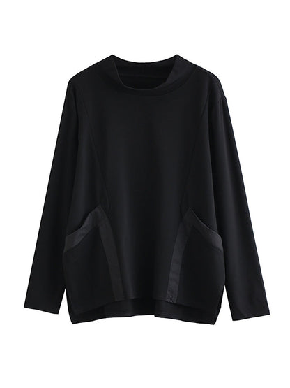 Casual Loose Long Sleeves Split-Joint Solid Color Stand Collar T-Shirts Tops