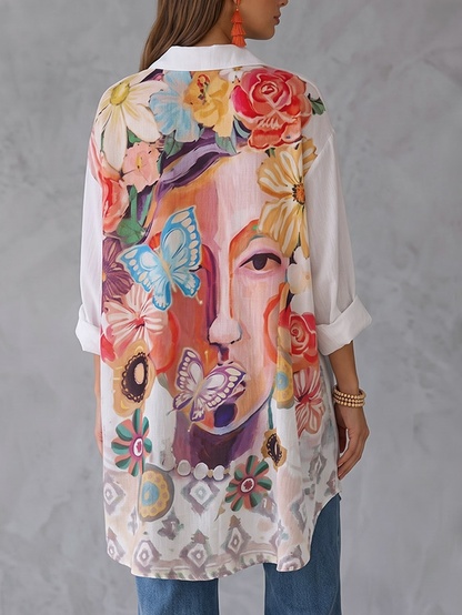 Split-Joint Flower Print Contrast Color Buttoned Butterfly Print Loose Long Sleeves Lapel Blouses&Shirts Tops