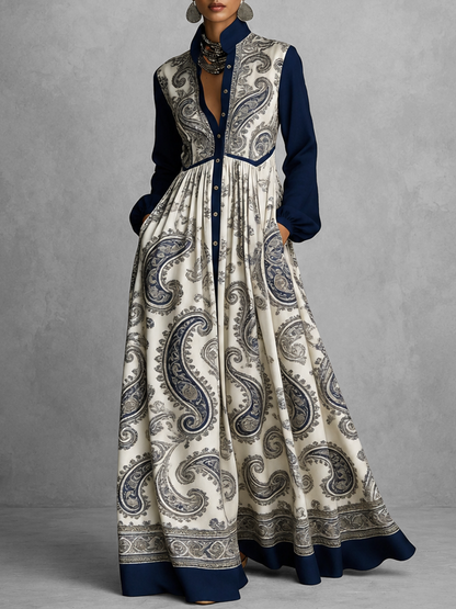 A-Line High Waisted Buttoned Contrast Color Pleated Pockets Printed Stand Collar Maxi Dresses