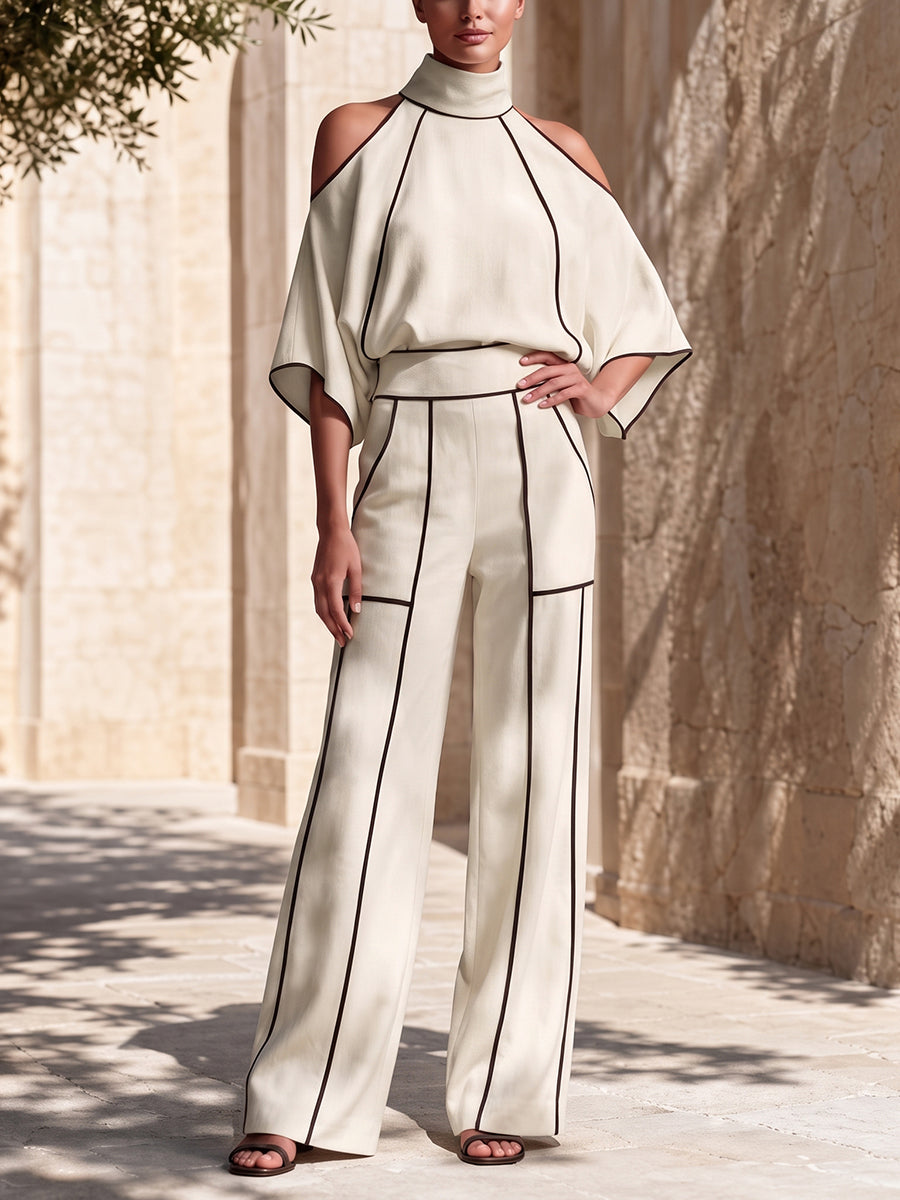 Striped Pockets Elasticity Contrast Color High Waisted Trousers Pants