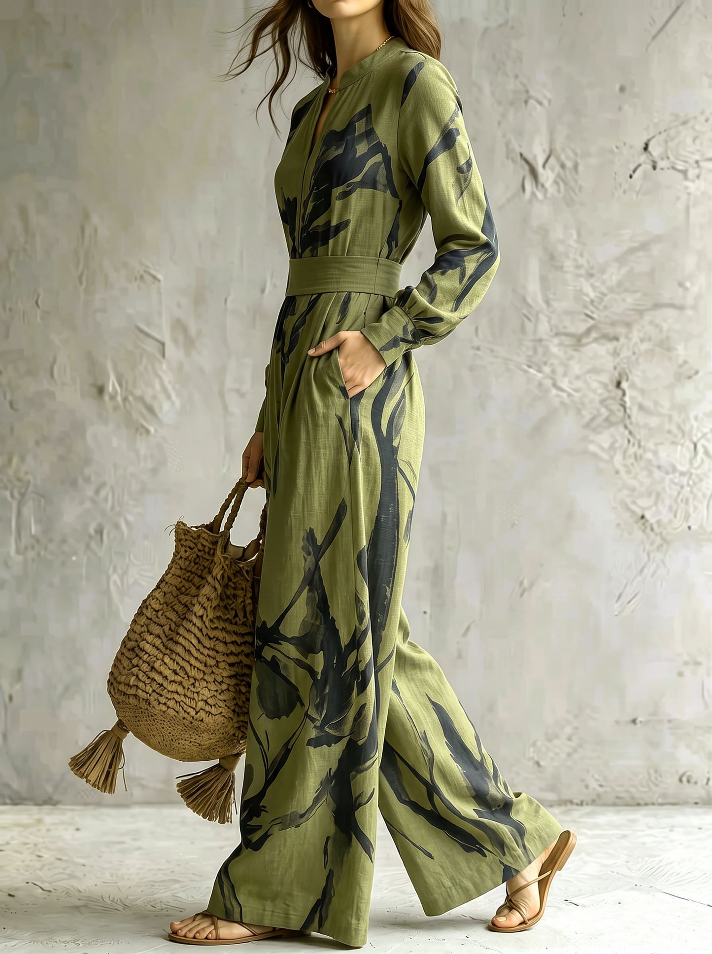 Zipper Printed Pockets Contrast Color Wide Leg Loose V-neck Jumpsuits