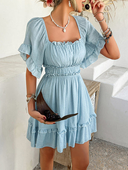 A-line High Waisted Elasticity Pleated Ruffle Trim Solid Color Square-neck Mini Dresses