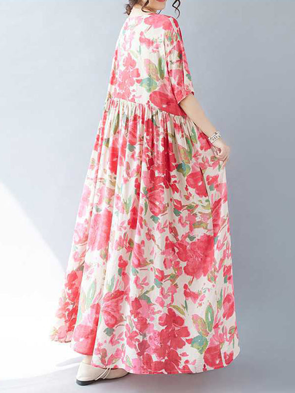 A-line Batwing Sleeves Flower Print Pleated Split-Joint Round-neck Midi Dresses