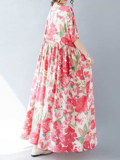 A-line Batwing Sleeves Flower Print Pleated Split-Joint Round-neck Midi Dresses
