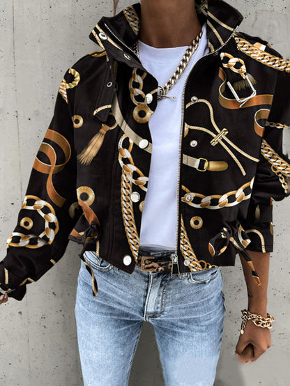 Zipper Split-Joint Printed Pockets Drawstring Buttoned Loose Long Sleeves Stand Collar Outerwear Jackets