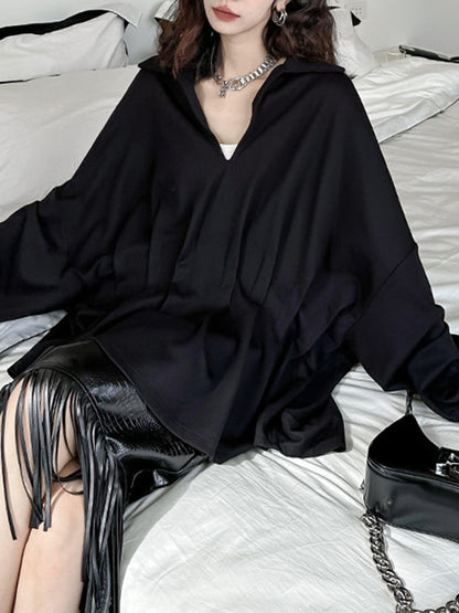 Batwing Sleeves Long Sleeves Pleated Solid Color Deep V-Neck Blouses&Shirts Tops