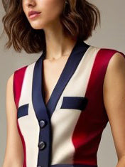 Sleeveless Buttoned Contrast Color V-Neck Vest Top