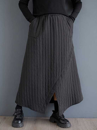 High Waisted Loose Asymmetric Elasticity Pockets Quilted Solid Color Skirts Bottoms
