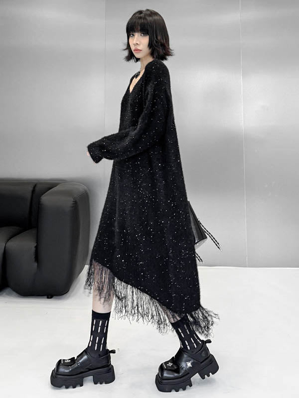 Irregularity Long Sleeves Contrast Color Sequined Shiny Split-Joint Tasseled V-Neck Midi Dresses Sweater Dresses