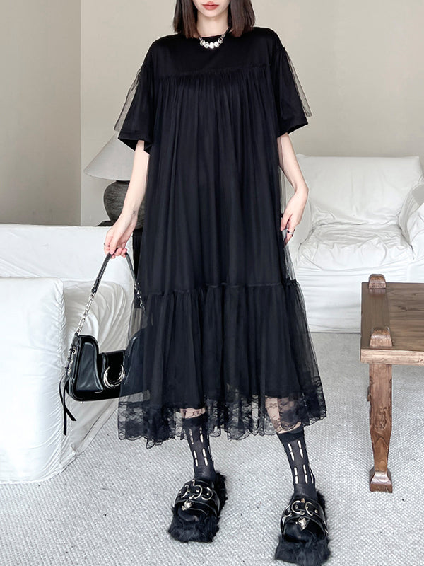 Fake Two-Piece Loose Gauze Pleated Solid Color Split-Joint Tiered Round-Neck Midi Dresses