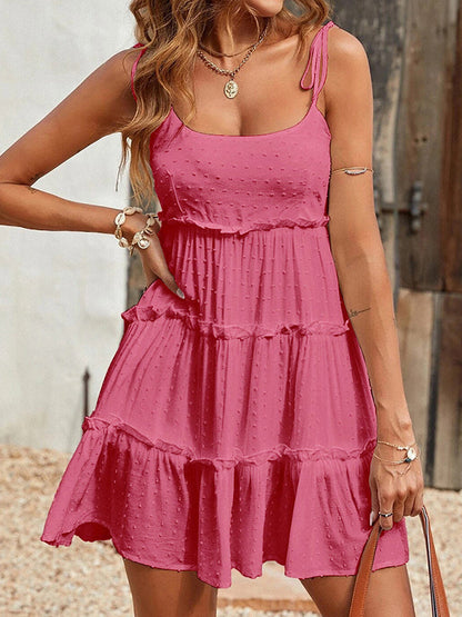 A-Line Loose Jacquard Layered Pleated Solid Color Split-Joint Spaghetti-Neck Mini Dresses