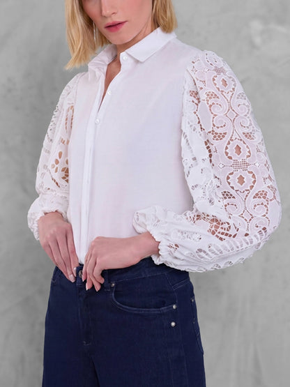 Long Sleeves Loose Buttoned Hollow Solid Color Split-Joint Lapel Blouses&shirts Tops