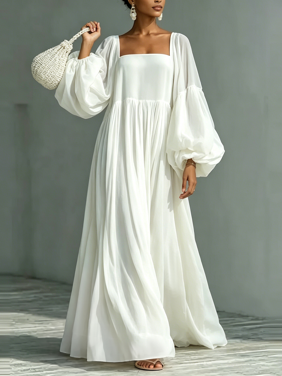 Zipper Split-Joint Solid Color Elasticity Backless Puff Sleeves Loose Square-neck Maxi Dresses