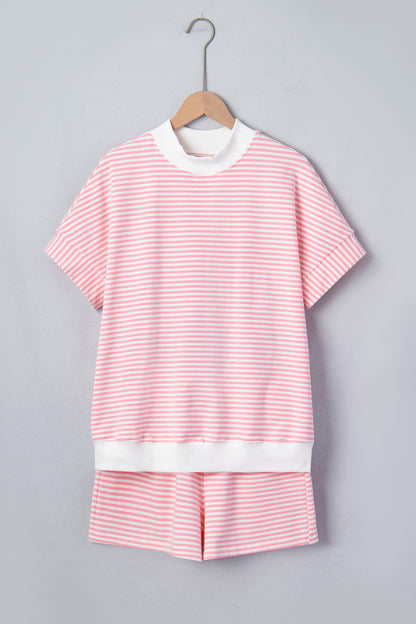 Sky Blue Stripe Cuffed Sleeve Contrast Mock Neck Tee Casual 2pcs Short Set