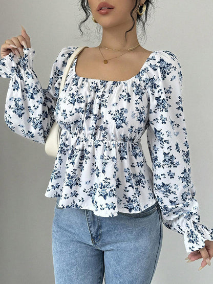 Elasticated Waist High Waisted Contrast Color Flower Print Pleated Ruffled Split-Joint Square-Neck Blouses&Shirts Tops