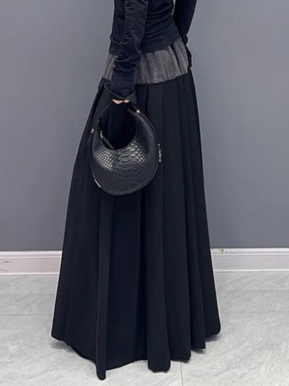 A-Line High Waisted Contrast Color Pleated Split-Joint Skirts Bottoms