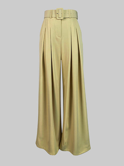 Loose Wide Leg Belted Pleated Solid Color Casual Pants Bottoms